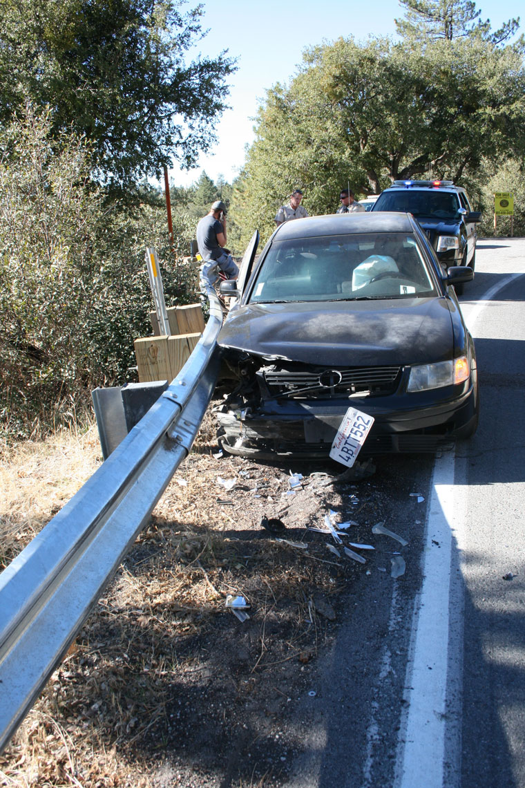 According to California Highway Patrol Public Information Officer Darren Meyer, Jonathan Paul Drippon, 32, of Cathedral City, was driving a 1998 Volkswagen Passat on Highway 243 northbound and north of Marion View Drive when he collided with a guard rail at about 8:30 a.m. Friday. Meyer said the cause was driving too fast. No other vehicles were involved and no one was injured. Photo by Jay Pentrack