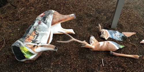 This deer was located at the tree monument and found damaged Saturday morning, Jan. 31. Photo by Maurie Bousquet