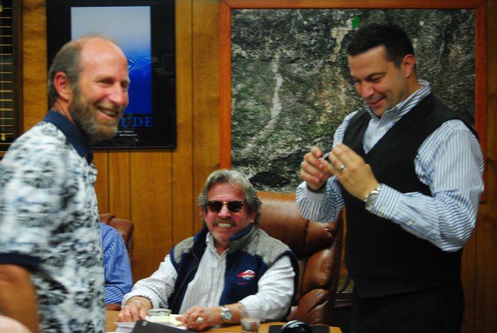 Steve Kunkle (left), former sewer department chief operator, retired from Idyllwild Water District this month after nearly 29 years of service. Here he accepts congratulations from Director Mike Freitas (center) and Chief Finance Officer Hosny Shouman (right), who also photographed the ceremony. Photo by J.P. Crumrine 