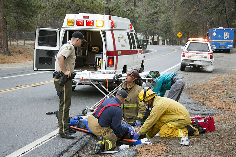 At about 3:40 P.M. on Friday afternoon, a male pedestrian was struck by a large truck while walking on Highway 243 near Ridgeview Dr. The victim suffered moderate injuries and was transported by Idyllwild Fire to Desert Regional Medical Center. The circumstances surrounding the incident are under investigation. Photo by Jenny Kirchner