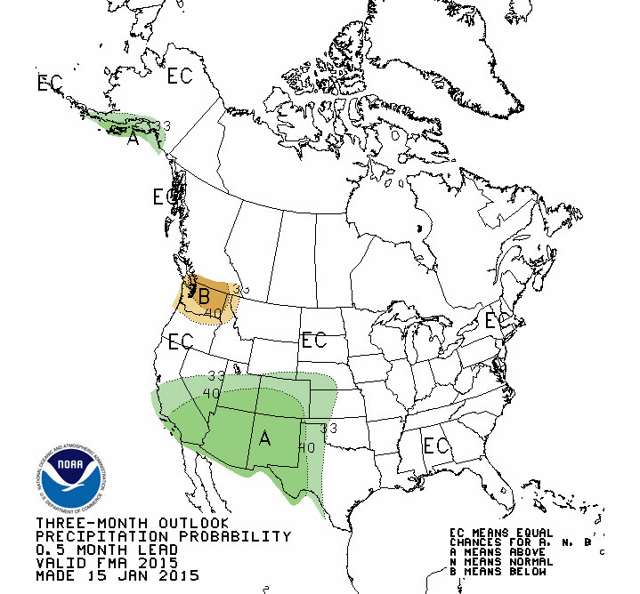 The National Weather Service forecasts above average precipitation for Southern California through this winter. Map courtesy of the Climate Prediction Center of the National Weather Service