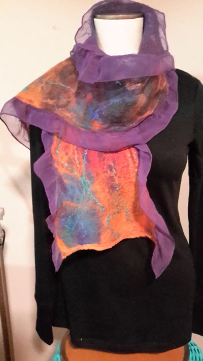 Martha Lumia, Art Alliance of Idyllwild member, is a self-described “fiber” artist, with expertise in sewing, knitting, crochet and mixed-media paper making. From 10 a.m. to 4 p.m. Saturday, Feb. 21, Lumia is presenting a workshop in “Creating Nano Felted Silk Scarves,” a process employing “hand agitating” wool fibers into silk. The process creates a lightweight, durable and beautiful fabric. The workshop is sponsored by AAI. Warm soapy water is applied to layers of animal hairs placed at 90-degree angles to one another. Repeated agitation and compression causes the fibers to hook together into a single piece of fabric. Lumia learned wet felting while visiting San Cristóbal de Las Casas in Chiapas, Mexico. Cost for the workshop is $75 and includes supplies and lunch. Participants are asked to bring three old bath towels and a bucket or deep container that can hold water. Of eight spaces, four are filled. Visit the AAI website for registration details at www.artinidyllwild.org. Registration deadline is Thursday, Feb. 19. 