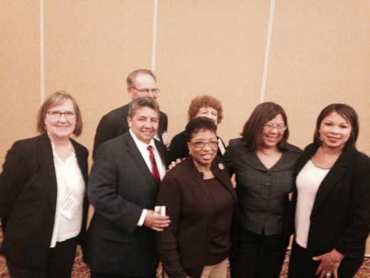 Idyllwild Town Crier Editor Becky Clark with Jonathan Sanchez, director of the National Association of Hispanic Publishers, Hal Fuson of Copley News, 47th District Assemblywoman Cheryl Brown, Dolores Sanchez, publisher of Eastern Group Publishers, State Controller Betty Yee and Regina Wilson, executive director of California Black Media at the California Newspaper Publishers Association's Governmental Affairs Day in Sacramento Wednesday.