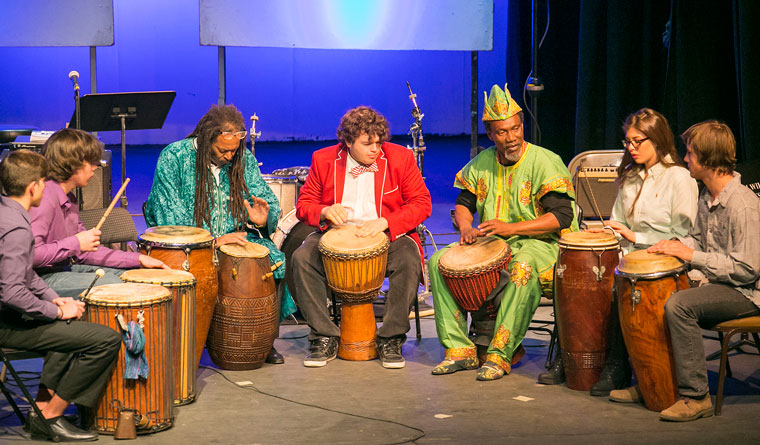 Idyllwild Arts students played with some of music’s finest Thursday during a tribute to Black History Month. Musicians gathered to teach about the history of the drum from Africa to modern-day jazz. Marshall Hawkins organized and produced the event, which filled the Idyllwild Arts Theatre. Photo by Jenny Kirchner