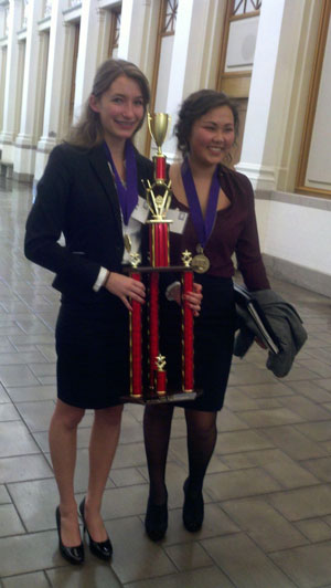 On Saturday, the Hemet High School Mock Trial team won the 32nd-annual Riverside County Mock Trial Competition. This was Hemet’s first triumph. Now the team goes to the state competition. Here, Danielle Simmons (left) and Kyra Espinoza (right), both former Idyllwild School students, hold the first-place trophy. Photo by Sonia Simmons