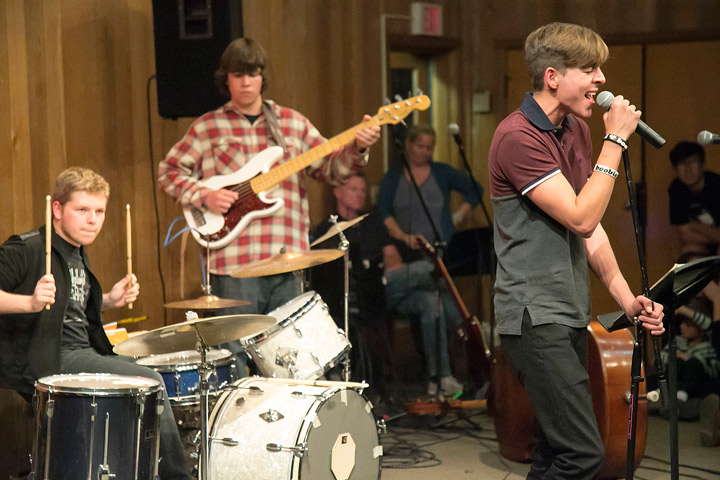 Songwriting recital Miguel Soto Garcia Belina (right) was the final junior to perform Monday at the Junior Songwriting Recital at Idyllwild Arts. Roberto Rudametkin on drums accompanied him and Owen Zorn was on bass. Photo by Jenny Kirchner