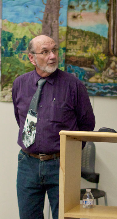 On Tuesday, April 28, John Laundré talked about his book “Phantom of the Prairie” at the Idyllwild Library. Laundré is assistant director at the James Reserve. Photo by Gallagher Goodland 