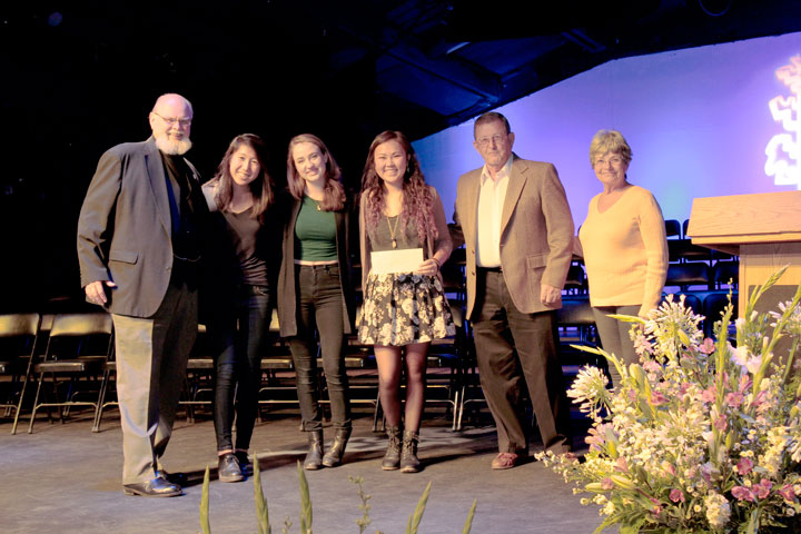 2015 Mary Austin Scholarships and Grants recipients are Emi See (second from left), Carmel Companiott and Kyra Espinosa. Presenting the $1,000 Idyllwild School Charles Dickens Essay & Poster Contest Scholarships are Doug Austin (far left), Rick Foster (second from right), Idyllwild Rotary Club president, and Suzy Capparelli (far right) Mary Austin Scholarships and Grants ambassador. Photo by John Drake