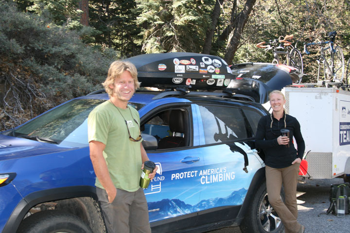 Access Fund’s Conservation Crew team Mike Morin (left) and Amanda Peterson stand next to their “home away from home.” Morin and Peterson were in Idyllwild to help restore climber trails. Jeep provides the vehicle for their nonprofit. 