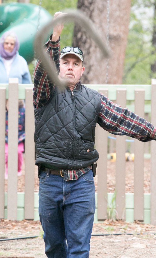 Jim Nutter goes for a “ringer” May 17, 2015, during the annual horseshoe tournament at the Idyllwild Community Center site. This photo won a first place in the National Newspaper Association’s Best Newspaper Contest recently.PHOTO BY JENNY KIRCHNER