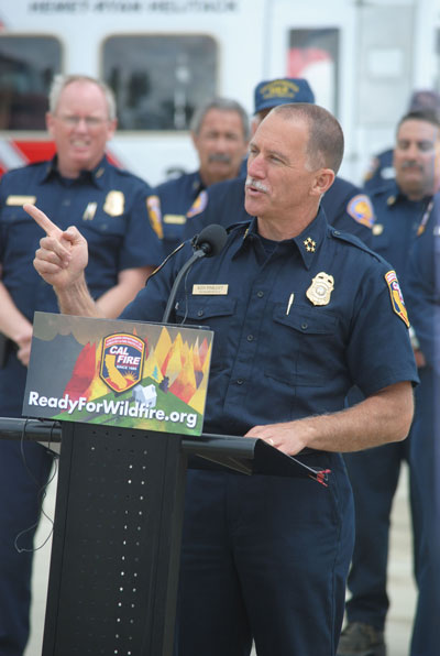 Cal Fire Director Ken Pimlott speaking at Ryan Air Attack Base in Hemet Friday. Photo by J.P. Crumrine