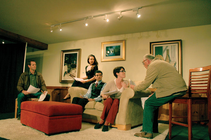 Kate (Meg Wolf) debates with writing instructor Leonard (Howard Shangraw) while other students, from left, Martin (Mark Taylor), Izzy (Celeste Oliva) and Douglas (Jacob Teel) look on in Idyllwild Actors Theatre’s staged reading of Theresa Rebeck’s “Seminar” Saturday night at the Rainbow Inn.Photo by Becky Clark 