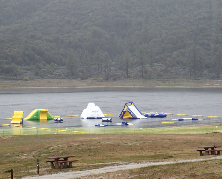 The slides and bounce platforms were up on May 22 at Lake Hemet. The new water park is on the north side of the lake, in the campground area.  Photo by Halie Wilson