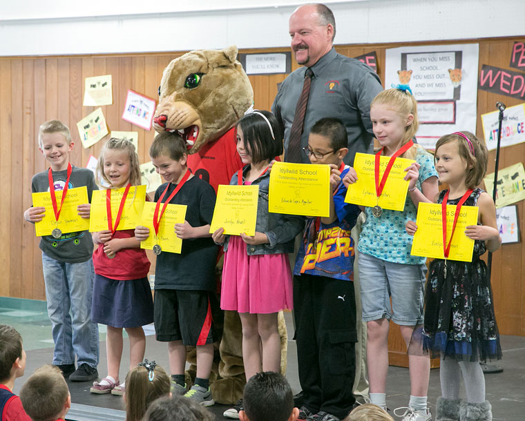 Students were recognized for many achievements, including these students who received awards for outstanding attendance Wednesday morning at Idyllwild School.