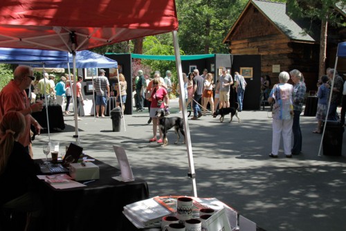 Artists and visitors gather to view winning art at Wilder Cabins on Sunday, June 14, as part of the Art Alliance of Idyllwild Sizzling Summer Plein Air and Working Artist event. Photo by John Drake