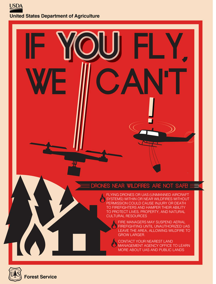 The U.S. Forest Service already has a poster notifying the public of the danger that drones pose to air resources fighting wildland fires. Poster courtesy John Miller, SBNF public information officer