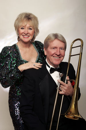 At right, Trombonist Bill Tole, leader of the Jimmy Dorsey Orchestra, and his sister Nancy Knorr, lead singer of The Pied Pipers will both appear for Ken Dahleen’s Idyllwild Summer Concert Series on Thursday, July 16. Photo courtesy Bill Tole