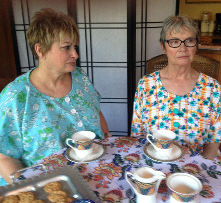 “Durang Durang, a Blissfully Silly Collection of Plays” by Tony Award-winning playwright Christopher Durang plays Friday and Saturday, July 24 and 25, as a main stage Idyllwild Actors Theatre production under the stars at the Rainbow Inn. Shown here in rehearsal are Barbara Rayliss (left) and Michelle Marsh in a scene from Durang’s short piece “Phyllis and Xenobia.” Photo courtesy Suzanne Avalon.