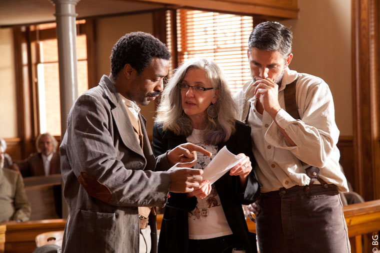 Annette Haywood-Carter, new Idyllwild Arts chair of the Department of Film and Digital Media, seen here on the set of her 2013 feature film “Savannah.” Haywood-Carter directed, co-wrote and co-produced the indie film. At left is “Savannah” co-star Chiwetel Ejiofor (Best Actor nominee for “12 Years a Slave”) and at right, Jim Caviezel. Photo courtesy Annette Haywood-Carter