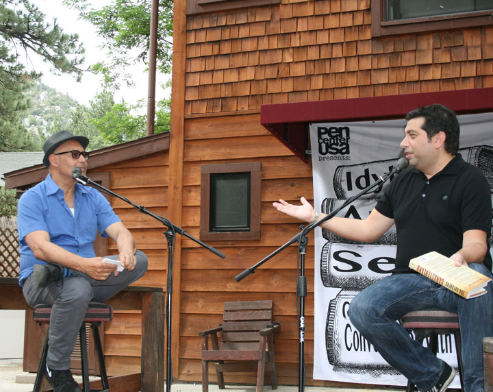Author Tod Goldberg (right) talks with Eduardo Santiago about his latest novel “Gangsterland” and closes the fifth-annual Idyllwild Authors Series. Goldberg, funny both on and off the page, had the audience laughing and well entertained. Photo by Marshall Smith 