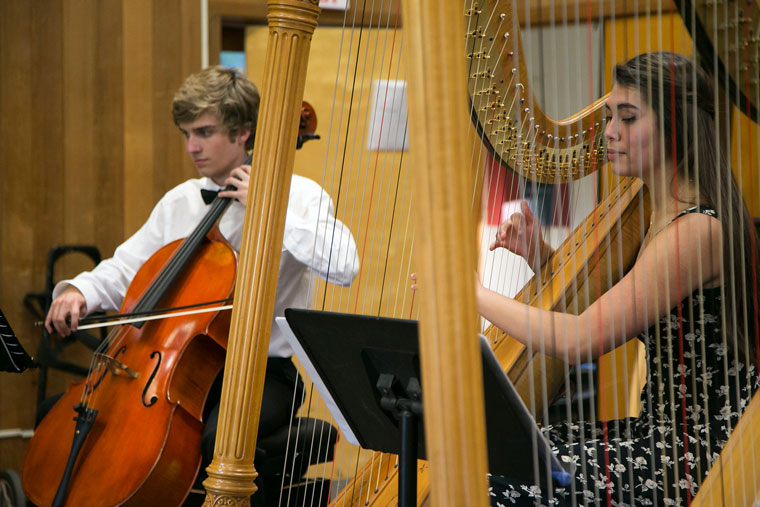 From left, Fox Henson, cello, and Abigail Lim-Kimberg, harp, perform at the harp recital Friday at Stephens Recital Hall on campus.Photo by Jenny Kirchner