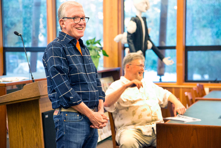Throwback Lecture Series: Idyllwild Arts Summer Program Director Steve Fraider (left) introduces Bill Lowman Wednesday during the Throwback Lecture Series at the Krone Library on campus. Lowman was the founding headmaster of the Idyllwild Arts Academy and retired in 2011 after 26 years. Photo by Jenny Kirchner