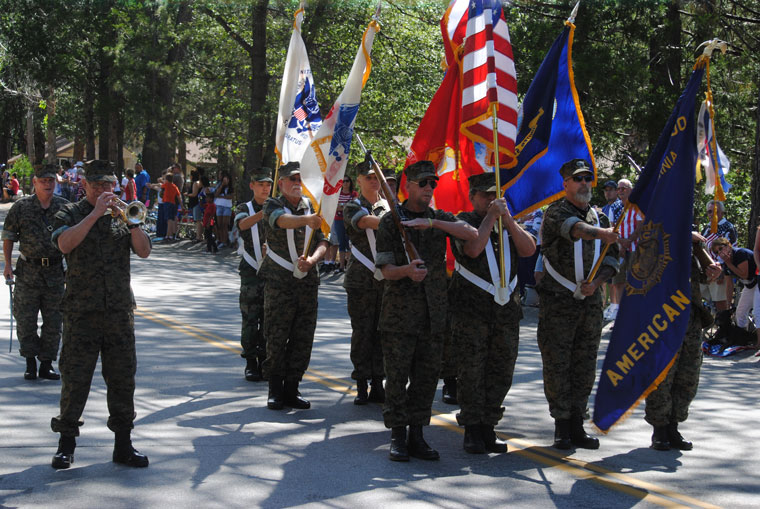 The Color Guard from American Legion Post 800 led Idyllwild’s annual Fourth of July Parade from Fern Valley Corners to Village Center Drive, stopping three times for Cid Castillo to play the National Anthem on his bugle. Photo by J. P. Crumrine