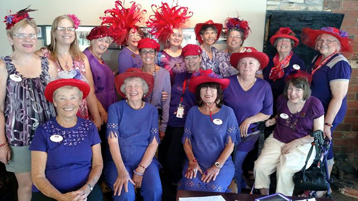 Fifteen Mountain Mamas, the Idyllwild affiliate of the international Red Hat Society, met for lunch at Mile High Cafe last week. The two with the outlandish hats in the back are Gloria Equeda, the queen, and Pat Murphy Austin, vice queen. Look for them in the Fourth of July parade.photo by unidentified patron 