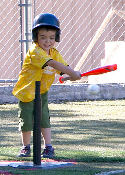 On Thursday, Ethan Caster, 4, swings for the Town Baker team in the Idyllwild Town Hall T-ball game.Photo by Jenny Kirchner 