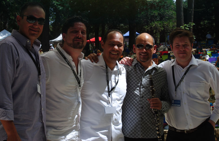 Idyllwild Arts alumni were featured at this year’s jazz fest. Five of the most well-known national and international musicians are (from left) Daniel Sazer-Krebbers (class of 2002), Andy Fraga Jr. (1997), Jason Jackson (1989), Evan Christopher (1987) and Graham Dechter (2004).Photo by JP Crumrine 