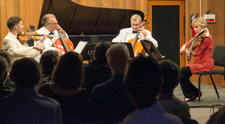 Stirling Trent, violin, David Speltz, cello, John Walz, cello and Connie Kupka, viola, perform “Variations on a Theme by Tchaikovsky” from String Quartet No. 2 in A minor, Op. 35 Wednesday night at Stephens Recital Hall at Idyllwild Arts. Photo by Jenny Kirchner