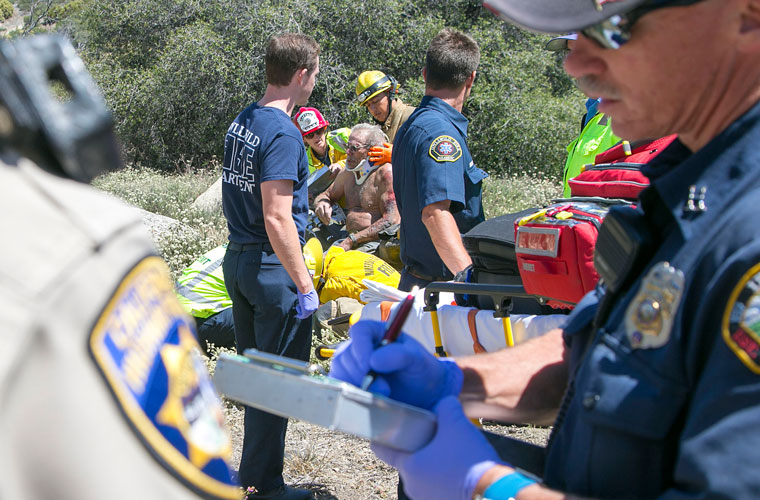 According to California Highway Patrol Officer Ed Nuñez, about 1:30 p.m. Thursday, Aug. 20, Michael Stackpole, 71, of Idyllwild, was traveling north on Highway 243 on his 1999 Kawasaki. He lost control and slid off the highway. Stackpole was traveling at about 30 miles per hour. He said a bag he was carrying had too much weight. It shifted while he was trying to make a corner and caused him to lose control. American Medical Response transported Stackpole to a nearby hospital with a broken left leg and road rash. 