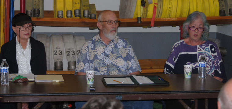 The three candidates for the Pine Cove Water District board appeared before the public Tuesday evening, Aug. 4. From left, Sharron Kaffen, Tim Lange and Diana Eskew. The forum was held at the Pine Cove Fire Station. Photo by J.P. Crumrine 