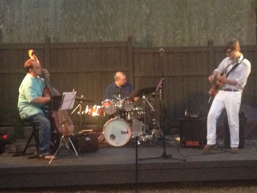 From left, Bill Saitta on bass, Dave Hitchings on drums and Peter Curtis on guitar performing at Ferro last Friday night. Photo by Jack Clark 