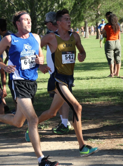 Jayden Emerson (center, no. 547), of Idyllwild and freshman at California Baptist University, finished 17th in the 8-kilometer race at the Mustang Challenge in Santa Clarita Saturday. This was his first 8K and first race against Division 1 schools. His time was 25:51.87. Photo by Jessica Priefer 