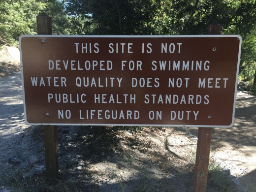 The signage at Lake Fulmor warns visitors that the water is unsafe for swimming or drinking.Photo courtesy John Miller, U.S. Forest Service 