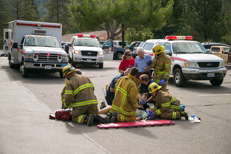 About 9:20 a.m. Wednesday, Aug. 26, California Highway Patrol reported that a woman was hit by a white Ford Taurus in the parking lot of the Fairway Market. Idyllwild Fire responded to the scene and treated the female patient who appeared to be conscience and alert. The female patient was transported by ground ambulance to Desert Regional Medical Center. See accompanying story this page. Photo by Jenny Kirchner