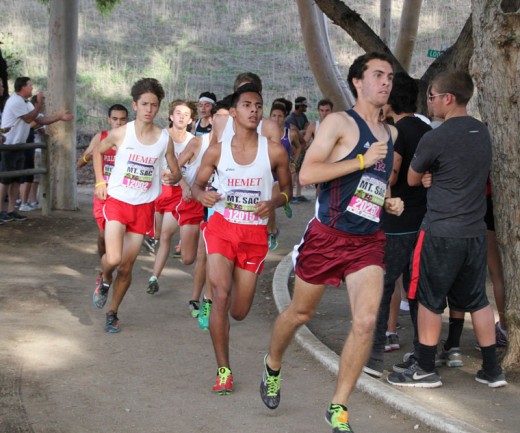 Idyllwild’s Micah Hitchcock, far left, was among the leaders for Hemet High School during the Mt. San Jacinto Invitational race this weekend. Unfortunately, a hamstring problem prevented Micah from finishing this race. A junior at HHS, Micah has been having a very good season with first place finishes and always in the top five. Photo by Jessica Priefer 