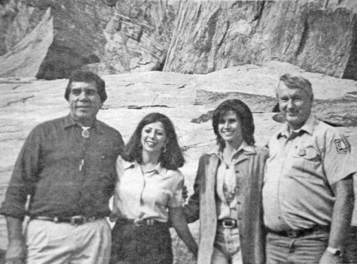 This photo was published in the Town Crier on Dec. 7, 2000, when the national monument was dedicated. From left, Cahuilla Tribal Chairman Richard M. Milanovich, Assistant Interior Secretary Sylvia Baca, Rep. Mary Bono and San Bernardino National Forest Supervisor Gene Zimmerman pose beside one of the enormous rock formations during the dedication ceremony. Town Crier file photo