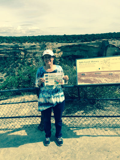While traveling through Mesa Verde National Park in Colorado, Dorothy Brooks of Fern Valley pulled out her Town Crier, before looking over the Anasazi cliff dwellings during a trip with Michael in September. Photo courtesy of Dorothy Brooks 