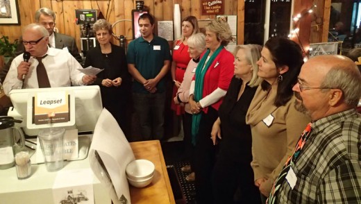 The Idyllwild Association of Realtors held its annual dinner Thursday, Nov. 12, at the Mountain Center Café. The 2016 IAOR Board of Directors was sworn in during the event. Joe McNabb acted as master of ceremonies, while outgoing board president Chris Davis (second from left) welcomed and swore in the new board: from left, Director Trischa Clark, Vice President Johnny Wilson, President Amber Booth, Treasurer Marge Muir, Director Dora Dillman, Director Jackie Kretsinger, Director Shelly McKay and Director Steve Taylor.Photo by Halie Wilson 