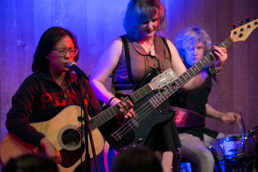 The songwriting concert at Idyllwild Arts was Tuesday night, Nov. 10. Among the student participants were (from left) Au Jean Rhee, and Christy and Caelen Perkins, who are performing Rhee’s “Man With a Fork in a Soup of World.” Skarlett Daniels is not pictured.Photo by Jenny Kirchner