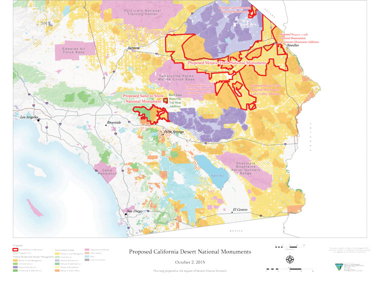 Sen. Dianne Feinstein (D-Cal) has proposed three new desert national monuments. Map courtesy Sen. Feinstein’s office 