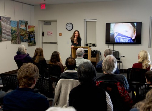 Melissa A. Severa takes questions from a full house at the Idyllwild Library on Saturday. She was reading from her newly published book “Mountain Fire Mama,” her story of wildfire, family and the zen of survival. Photo by John Drake 