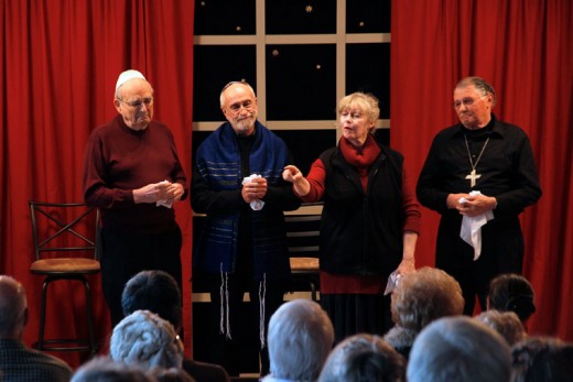 The Stratford Players performed “Uh-Oh, Here Comes Christmas” over the weekend at the Christian Science Church. In this sketch, titled “Holiday Wedding,” two families of different faiths reconcile during the holidays. Shown (from left) are Dick English, Chic Fojtik, Kathleen Walker and Michael Owen.Photo by John Drake