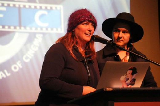 Jennifer Thorington and Sam Markus, IIFC coordinators for the music video segments, spoke about music videos as a growing part of the Idyllwild International Festival of Cinema at the Saturday Awards Ceremony. Photo by Cheryl Basye