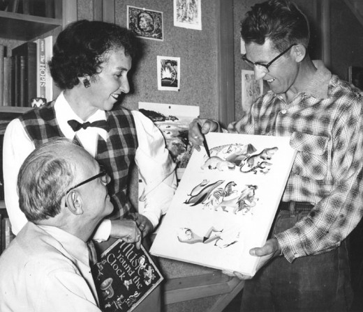 Max (sitting) and Bee Krone conferring with local artist Val Samuelson (right) on designing one of her books.Photo courtesy of Idyllwild Area Historic Society 