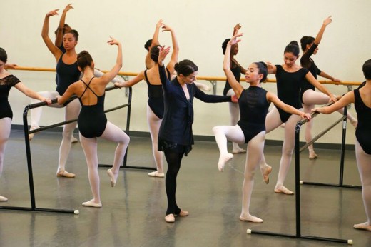 IAA Dance Department Chair Ellen Rosa Taylor (center) instructs academy students in ballet class. Photo courtesy Ellen Rosa Taylor 
