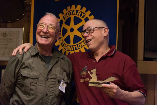 Idyllwild Rotary President “Young” Chuck Weisbart presents an Idyllwild Squirrel Nutcracker to this week’s speaker Barney Brause. The Rotary group was “nuts” about Brause’s presentation, which he explained his lifelong service record with the Marines. “It was simply fascinating,” said Weisbart. Photo courtesy Chuck Weisbart 