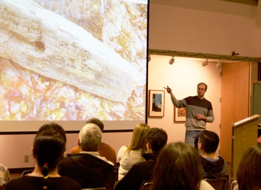 Ryan Strickland opened the Nature Center’s Spring Lecture Series, “Nature of Nature,” with a Friday talk on clean climbing. Here he shows an old wooden piton found on Tahquitz Rock. Photo by John Drake